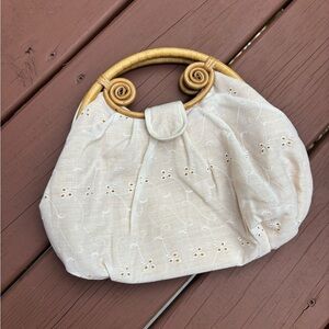 VTG 60s 70s Rattan Top Handle Clutch | Cream Eyelet Lace | Cottagecore Resort